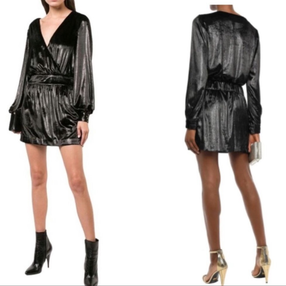 FLAW Frame Metallic Velvet Mini Dress Faux Wrap New Years Party Black 10 M
